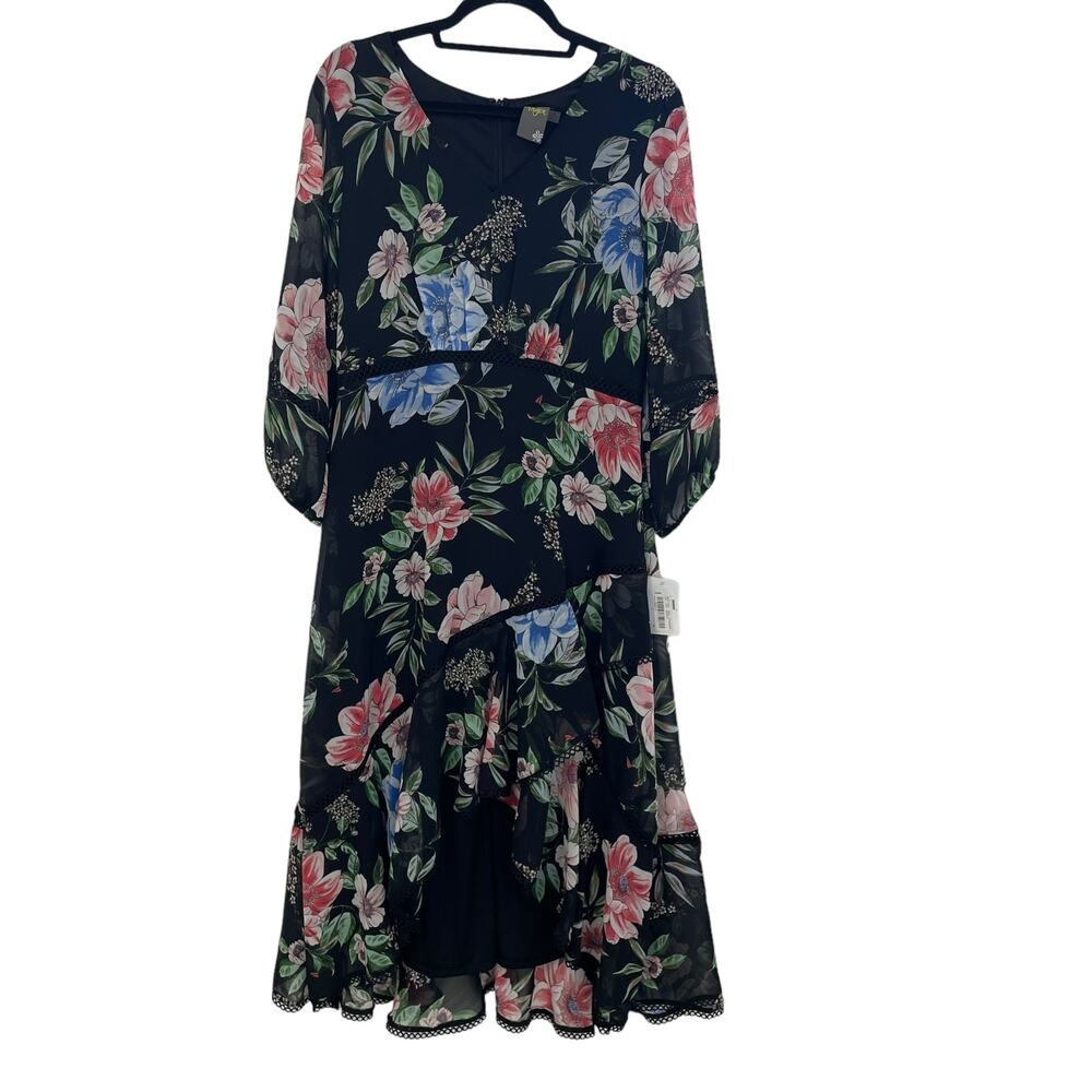 Black Floral V-Neck Chiffon Midi Dress with Ruffled High-Low Hem - Picture 2 of 10